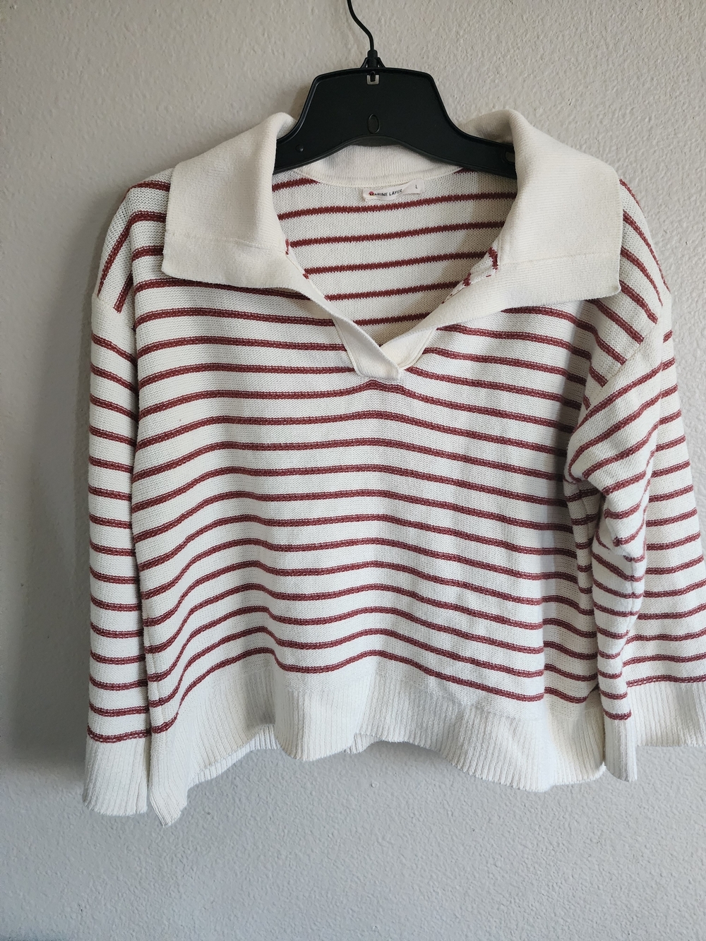 Marine Layer Striped Johnny Collar Sweater Polo Off White Red L